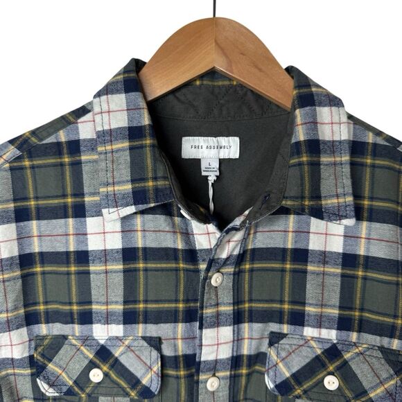Free Assembly Mens Large Green Navy Plaid Button Front Flannel Shirt Long Sleeve - Picture 5 of 11